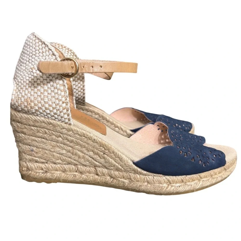 Kanna Navy Blue Laser Cut Leather Espadrille Wedge Sandals Made in Spain Sz 7.5